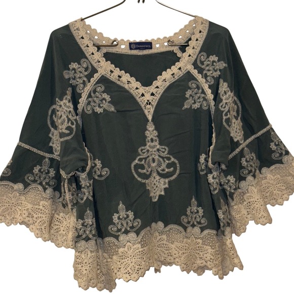Democracy Tops - Democracy Womens Boho Lace Embroidered Bell Sleeve Blouse Teal Sage Green M